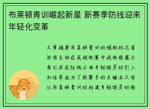 布莱顿青训崛起新星 新赛季防线迎来年轻化变革