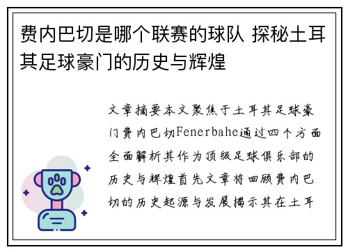 费内巴切是哪个联赛的球队 探秘土耳其足球豪门的历史与辉煌