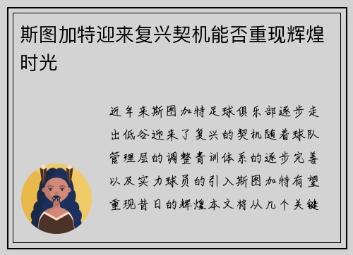 斯图加特迎来复兴契机能否重现辉煌时光